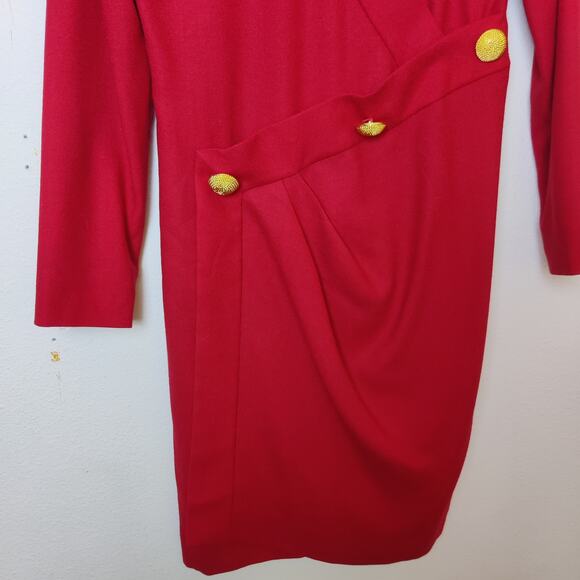Vintage 80s Red Wool M/L Long Sleeve Blazer Dress Old Money Gold Buttons Preppy - Picture 4 of 11